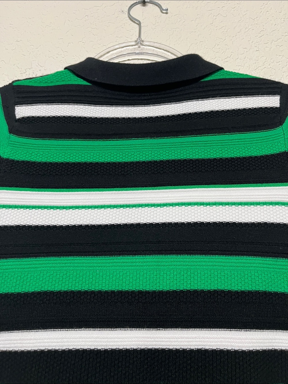 Love By Design Women’s Size Medium Knitted Green, Black & White Striped Polo Top - Picture 7 of 9